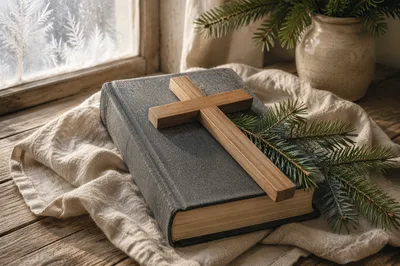 Bible and Wooden Cross on Linen