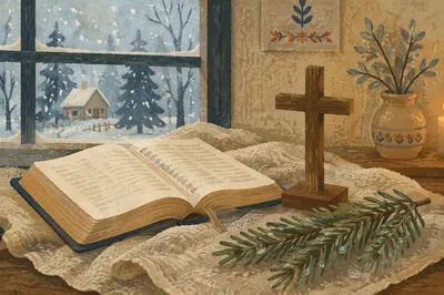 Open Bible with Cross and Evergreen