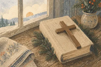 Bible and Cross with Evergreen Linen