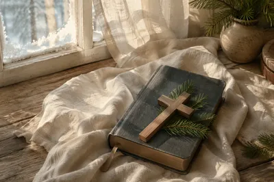 Bible and Wooden Cross on Linen