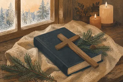 Bible and Wooden Cross on Linen Cloth