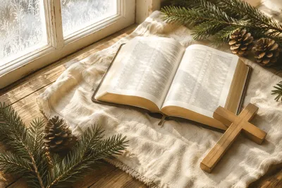 Open Bible and Wooden Cross on Linen
