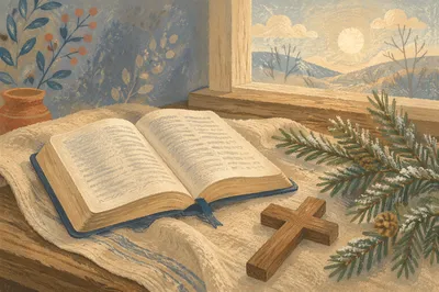 Open Bible and Cross on Winter Linen