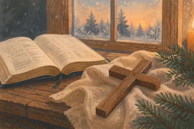 Wooden Cross Beside Open Bible on Linen