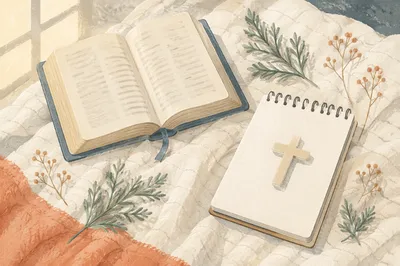 Open Bible and Ivory Cross on Linen