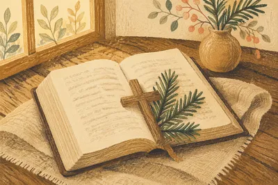 Open Bible and Wooden Cross on Linen