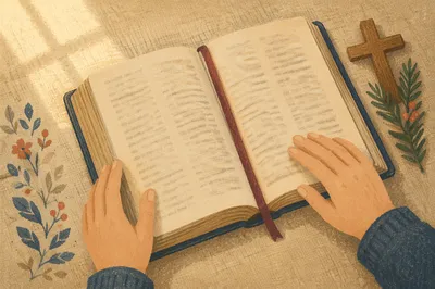 Open Bible and Wooden Cross on Linen
