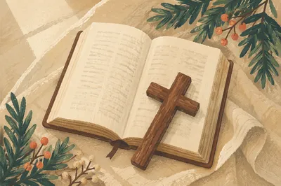Bible and Wooden Cross on Linen