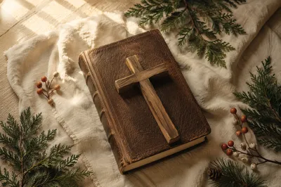 Bible and Wooden Cross on Linen