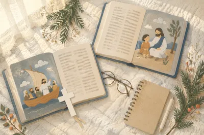 Open Bible and Cross on Linen