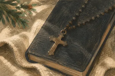 Bible and Cross on Linen Cloth