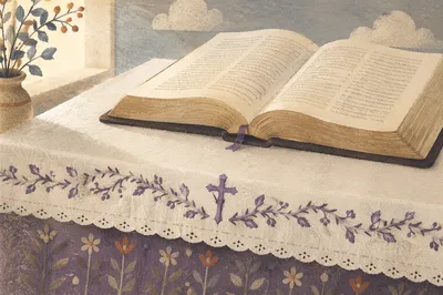 Open Bible and Cross on Linen