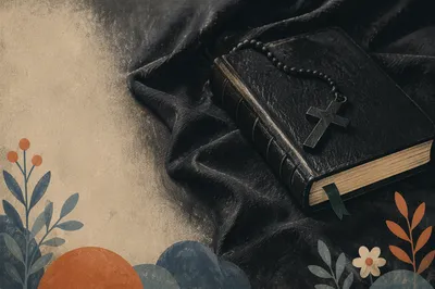 Black Bible and Cross on Linen