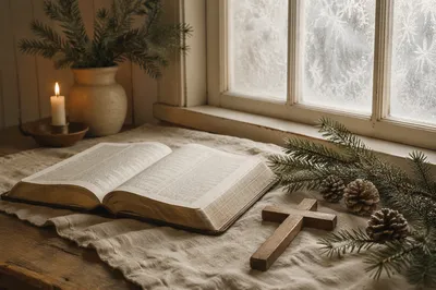 Open Bible, Wooden Cross, and Evergreen on Linen
