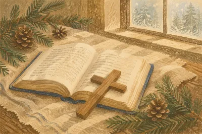 Open Bible and Wooden Cross with Evergreen