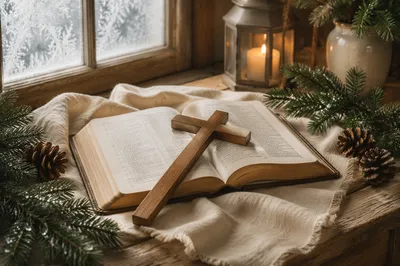 Open Bible and Wooden Cross on Linen
