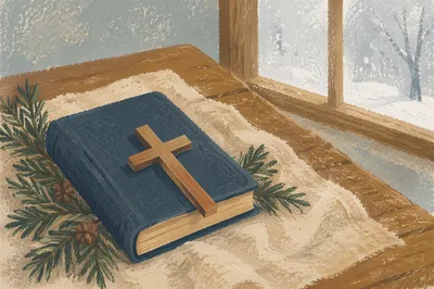 Bible and Wooden Cross on Winter Linen