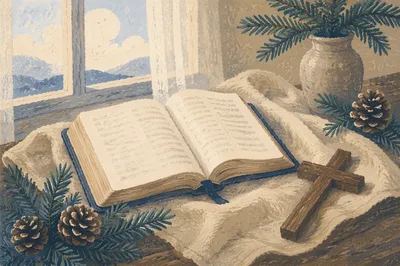 Open Bible and Cross on Linen