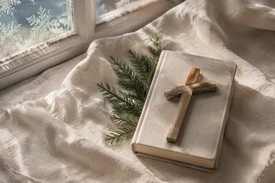 Bible Cross and Evergreen on Linen