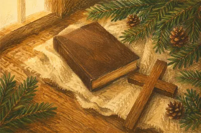 Bible and Wooden Cross on Linen