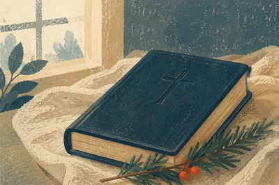 Bible with Cross on Linen and Evergreen