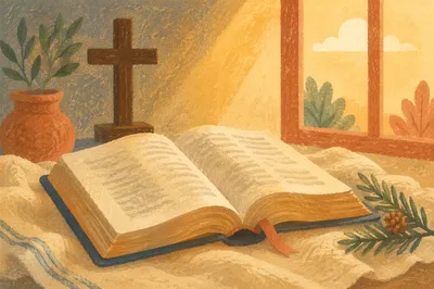 Open Bible and Cross on Linen