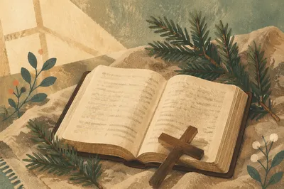 Open Bible and Wooden Cross with Evergreen