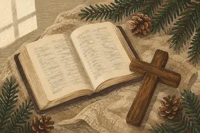 Open Bible and Wooden Cross on Linen