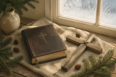 Bible and Wooden Cross on Linen