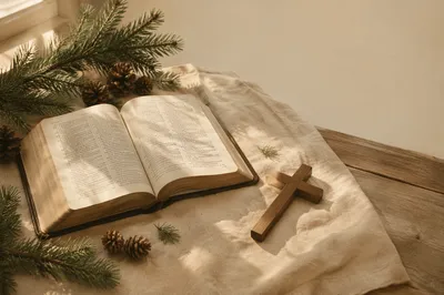 Open Bible and Cross on Linen