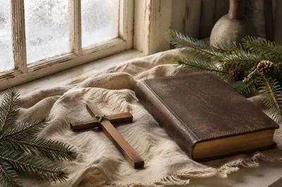 Bible and Wooden Cross on Linen