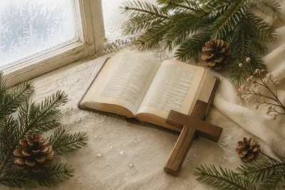 Open Bible and Wooden Cross with Evergreens