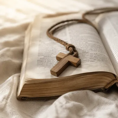 Wooden Cross on Open Bible and Linen