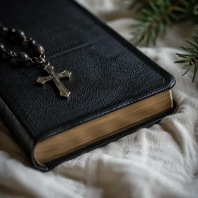 Bible and Bronze Cross on Linen