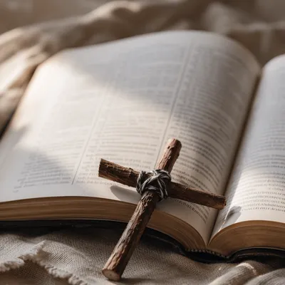 Handmade Twig Cross on Open Bible
