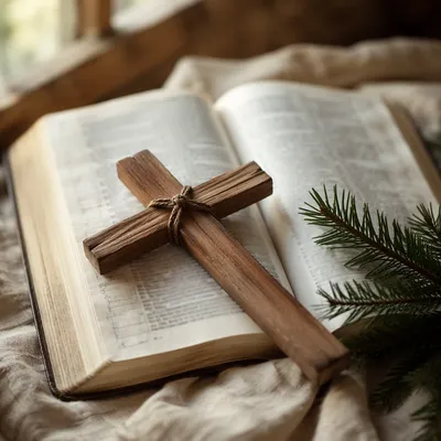 Open Bible with Wooden Cross on Linen