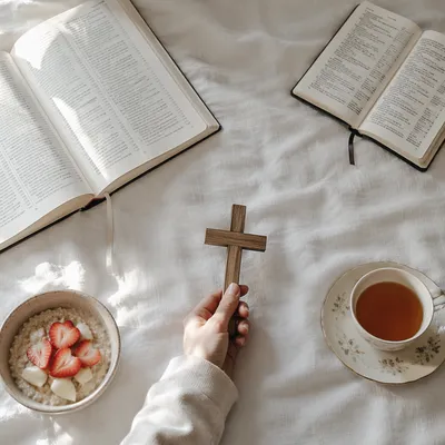 Morning Devotion With Bible and Wooden Cross