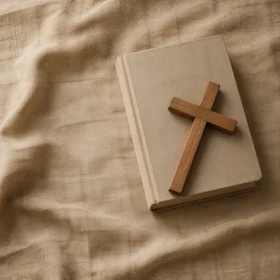 Bible and Wooden Cross on Linen