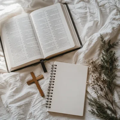 Open Bible and Wooden Cross on Linen