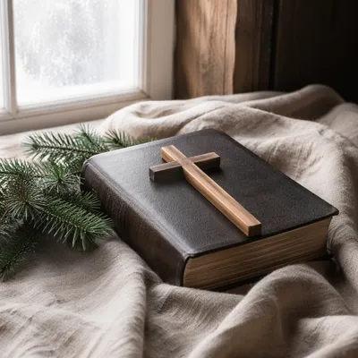 Bible and Wooden Cross on Linen
