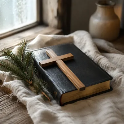 Bible and Wooden Cross on Linen