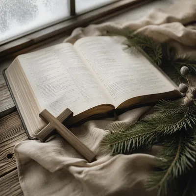 Open Bible and Wooden Cross on Linen