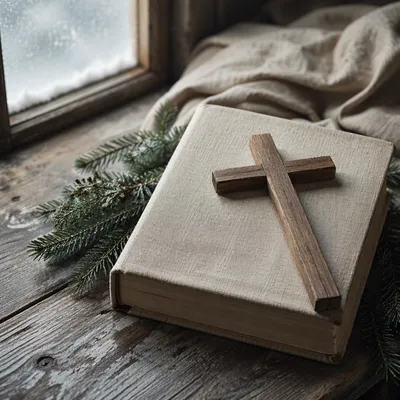 Wooden Cross and Bible on Linen