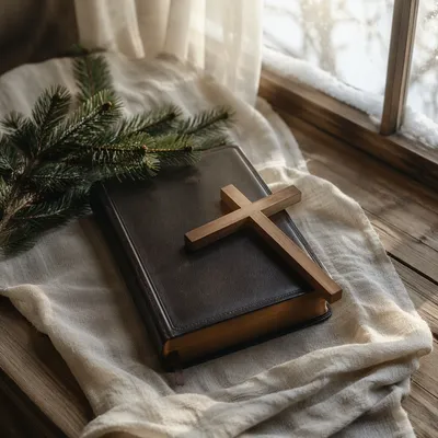 Bible and Wooden Cross on Linen