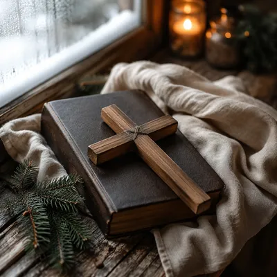 Bible and Wooden Cross on Linen