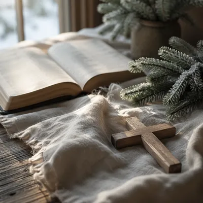 Open Bible and Wooden Cross on Linen