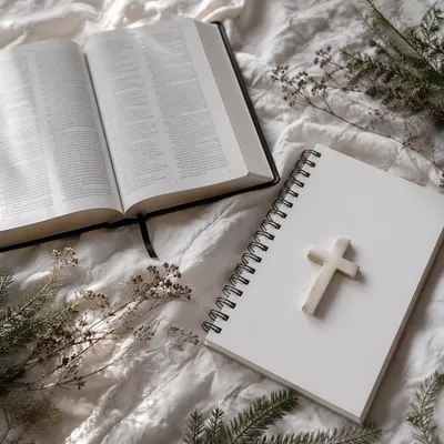 Open Bible and Ivory Cross on Linen