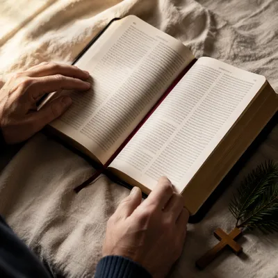 Open Bible with Cross on Linen