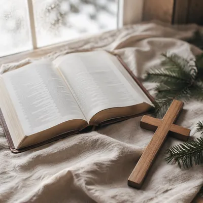 Open Bible and Wooden Cross on Linen