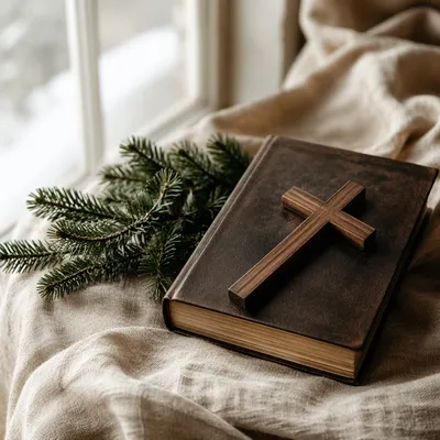 Bible and Wooden Cross on Linen